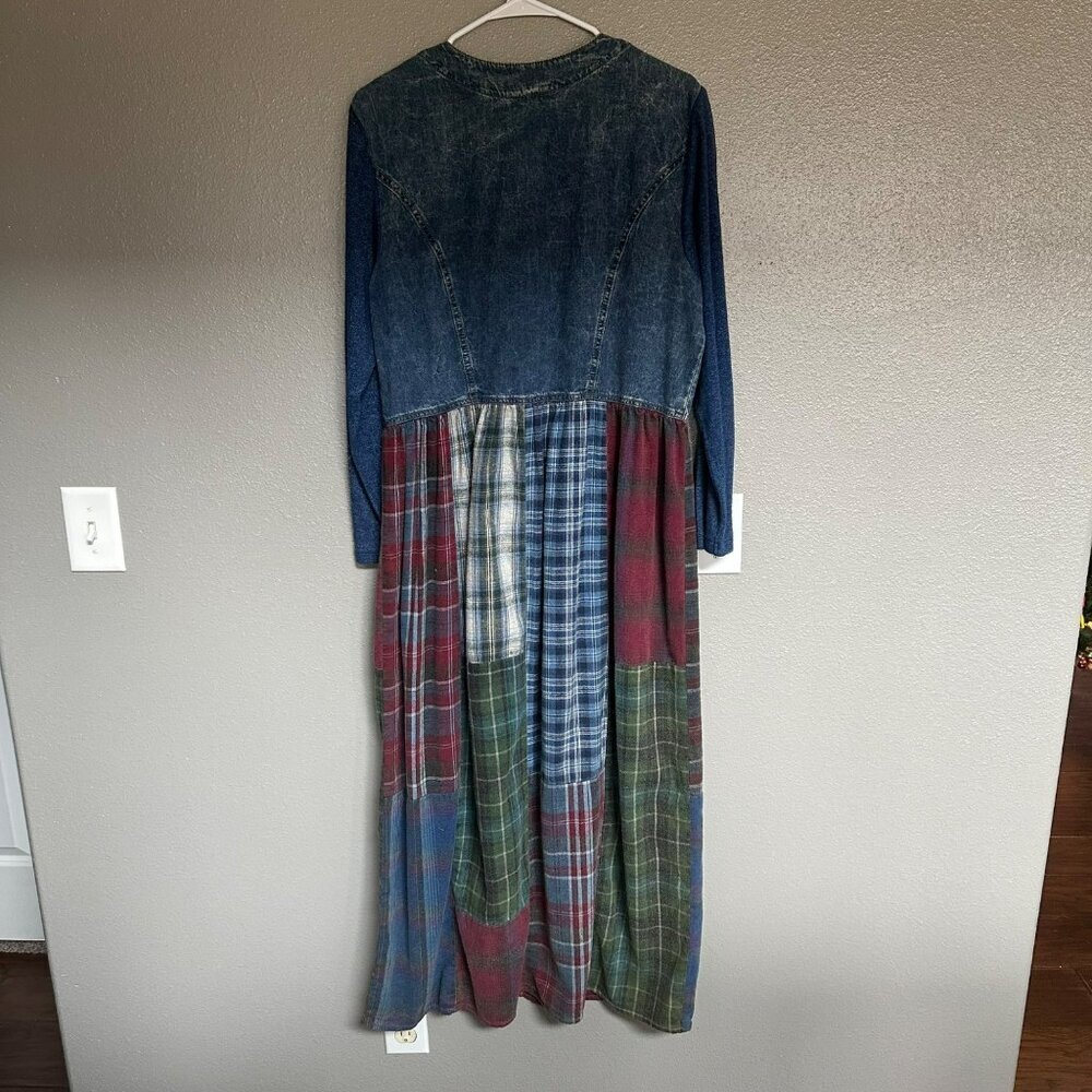 Vintage Denim & Plaid Patchwork Maxi Dress With Long Sleeves & Button Front - Picture 12 of 12